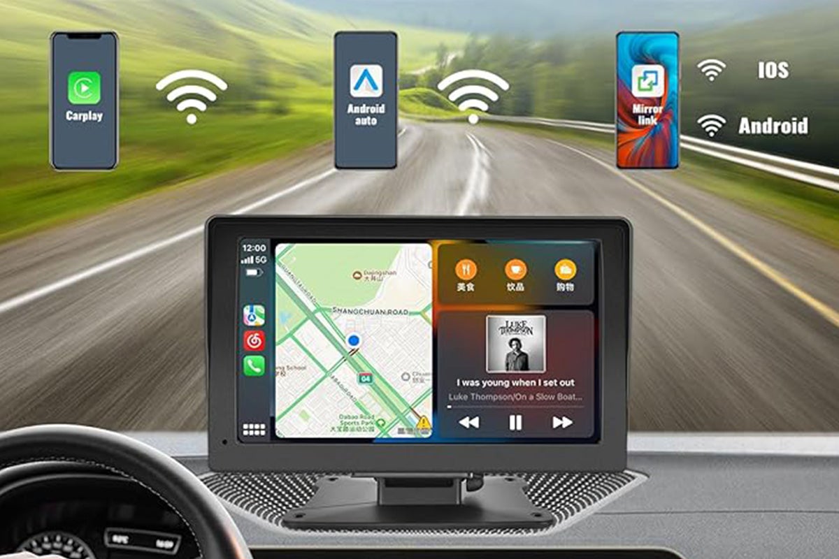 A wireless car display attached to a dashboard